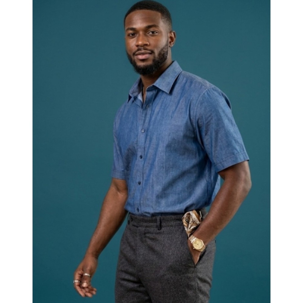 Richfresh Men's Blue Chambray Short Sleeve Shirt XL Designer Royal Trending N42